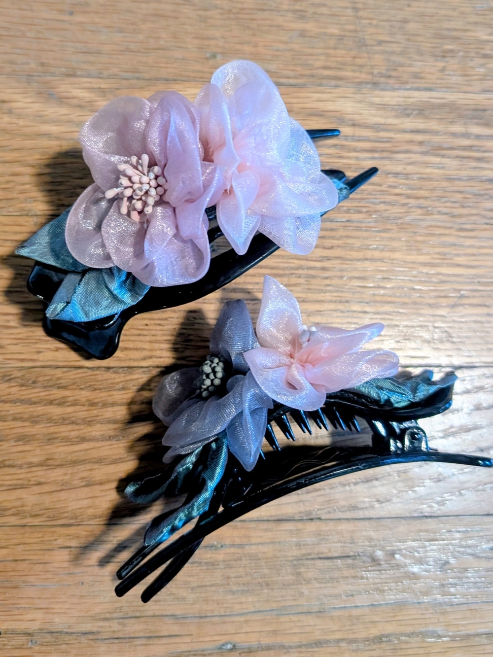 Pink Blue Floral Fabric Hair Clips - Set of 2